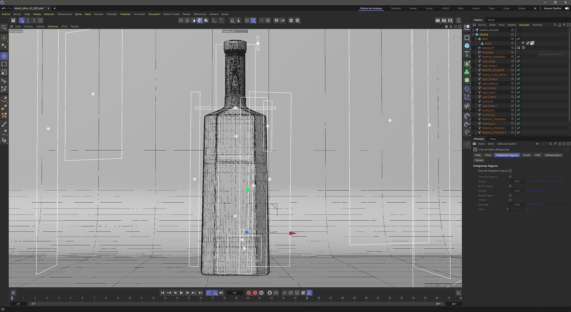 Cinema 4D interface where you can see the scene with the modeled bottle of alcohol