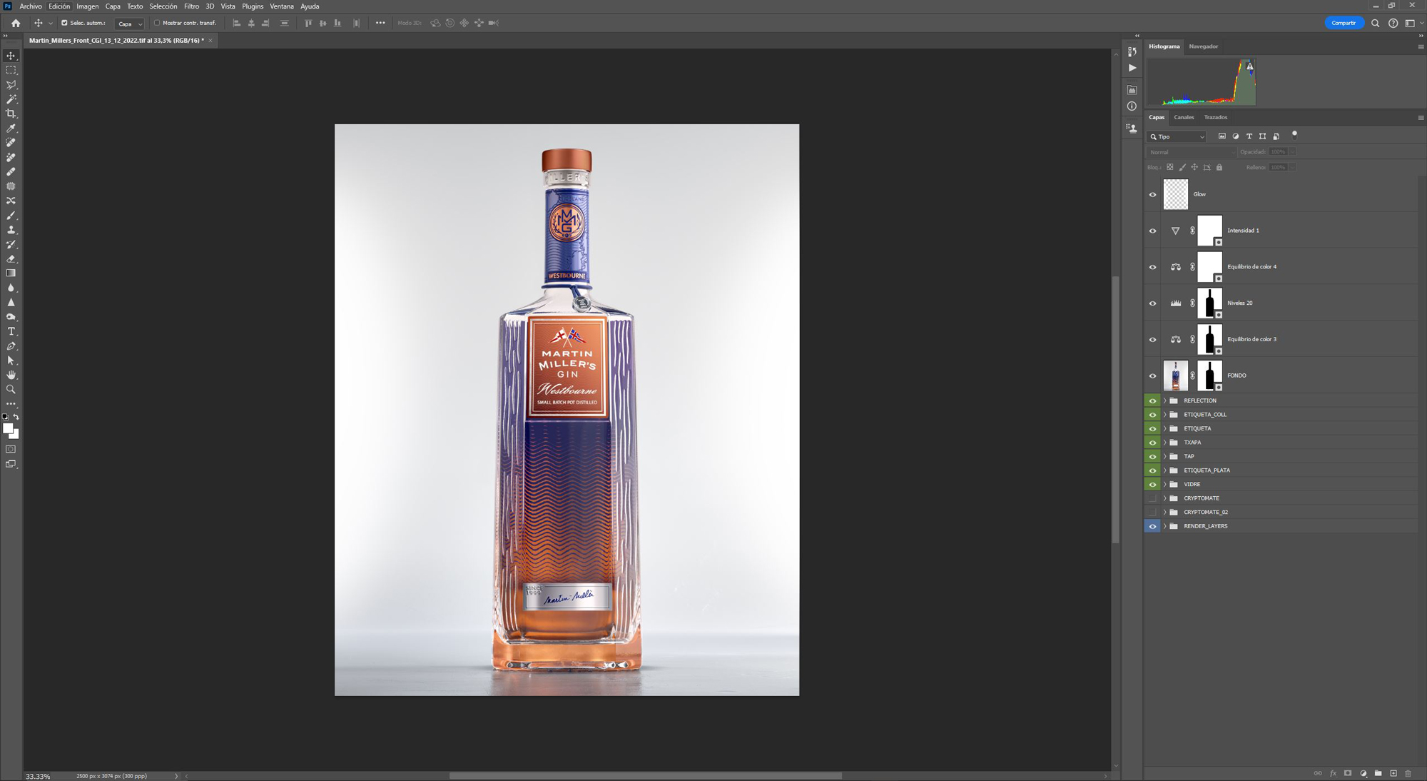 Photoshop interface image with alcohol bottles retouching